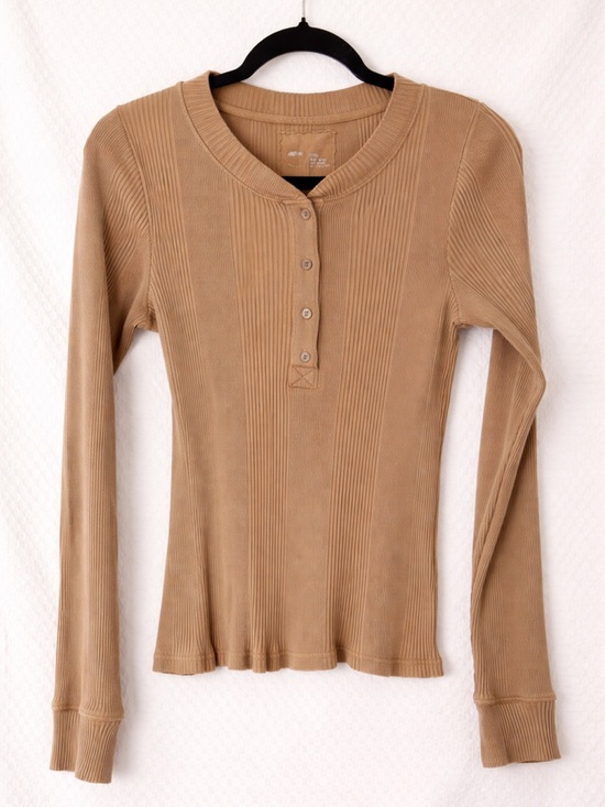 aerie Tops - Aerie Ribbed Long Sleeve Henley Top Taupe Brown Size Large
